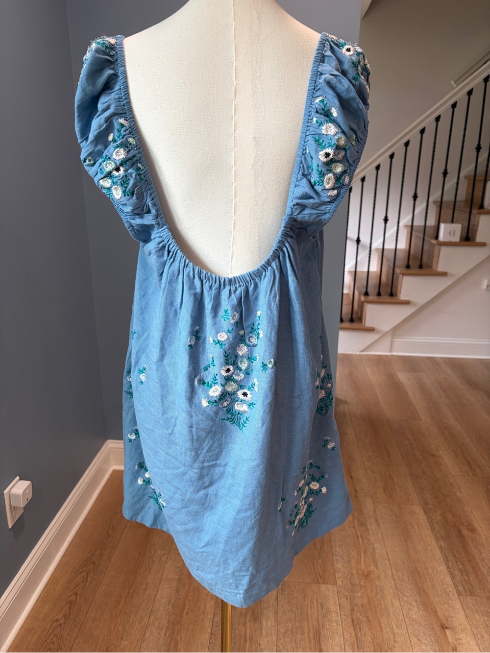 Free People Wildflower Embroidered Mini Dress Copen Blue Linen Blend Medium - Picture 6 of 10